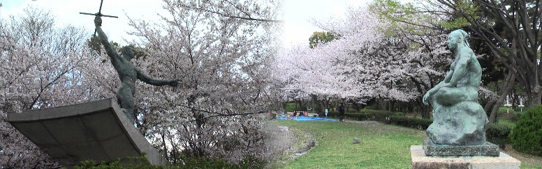 右は「青春」と題する北村西望作の像です。2013.4.3撮影。