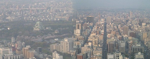 ミッドランドスクエア・スカイプロムナード（４６階）からの展望。 左名古屋城方面と市内東方面