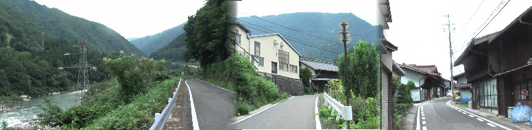 左写真は三留野宿(みどのしゅく)の北の入り口付近、木曾川としばし離れてゆるい坂を登ると 宿場の建物が見えてきます。 左写真の撮影場所