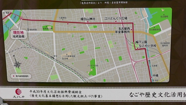 説明板地図拡大。赤線が美濃路経路です。