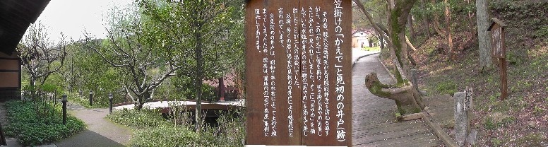 笠掛けの「かえで」と見初めの井戸跡(右)。左は天下茶屋の東に復元したと記されていますが 確認出来ず。写真は北側を撮ったものです。 説明文拡大