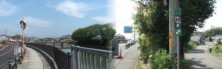 右写真は国道２１号線と旧中山道との区別案内標識。左は可児川沿いの２１号線。