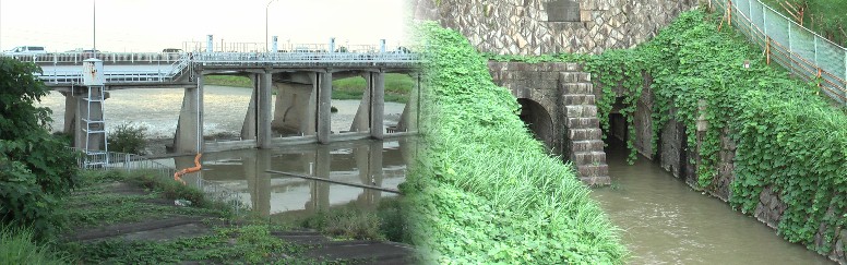 左は庄内川に架かる水分橋。右は堤防下の庄内用水元杁。上記トップ写真参照。