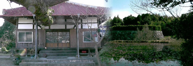 明善寺（左）。右は明善寺北の堅固な石垣は個人宅のものとは思えないので勝手に六栗城跡と 推察します。 六栗城跡推定撮影場所（右）