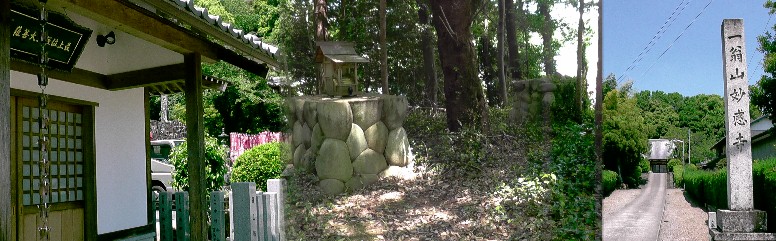 妙感寺古墳（中、頂上の祠）。右写真の本堂裏森全体が古墳です。 妙感寺古墳