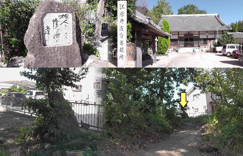 妙喜寺（上３枚）。江原丹波守菩提寺。下は寺近くの江原城跡とされる個人宅に建つ石碑（左と黄色の矢印） 碑文は判然としません。 妙喜寺