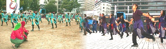 写真左はナデイアパーク会場で夕立の雨のさなか熱演する皆さん、 右はｊｒ名古屋駅タワーズガーデン会場にて