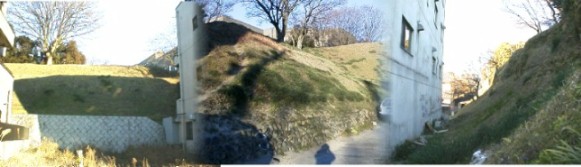 名古屋城を北辺とする名古屋台地跡が今も残る小さな断崖土手です。堀川の景雲橋 と幅下橋間の東側に見られます（写真３枚）。また南方の熱田台地には断夫山古墳、 白鳥古墳の西側堀川沿いにも見られます。