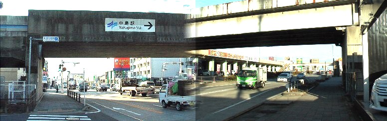 左は駅前から西、国道１号線下之一色～蟹江町方面。右は駅前から東、六番町～熱田神宮方面を撮る。