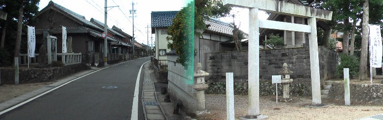 一里塚の隣の川俣神社と町並み。庄野宿にも川俣神社があります。