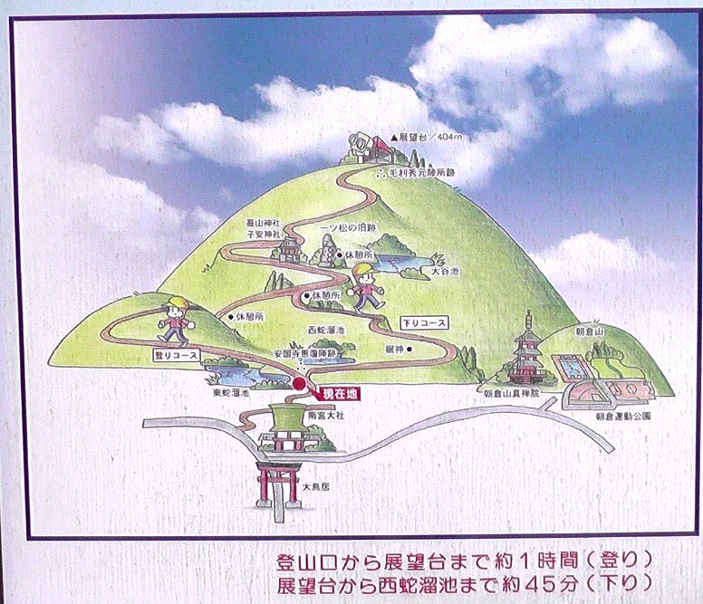 南宮山案内図。 説明拡大。 山頂には毛利秀元陣所跡があります。 リンク：垂井町観光ガイド・毛利秀元陣所跡