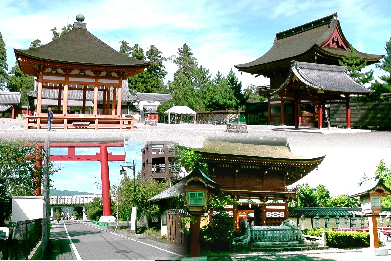 上左高舞殿。上右は楼門。下左は南宮大社大鳥居。右は南宮大社楼門。 南宮大社