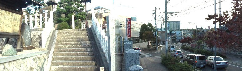 天神社（左）。天神社由緒拡大 天神社から見下ろす鳴海の中心街。