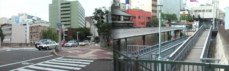 納屋橋上の風景（東、栄方面を見る）。右は乗船場桟橋。