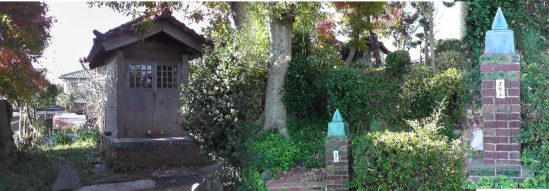 根崎陣屋の祠(左)と遺構の碑石。リンク: 根崎陣屋の祠・ゆり姫 根崎陣屋跡