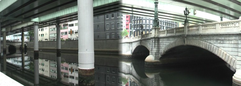 都市高速の下の日本橋と日本橋川。石造り2連アーチ橋、 2011年8月3日で架橋100周年を迎えた国の重要文化財「日本橋」