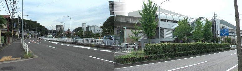 小幡緑地駅(右写真)と駅前道路、ゆとりーとラインバスはここから一般道（左写真）を志段味支所まで走る。