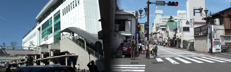 お堀端通りを小田原駅へ向かいＪＲ電車で大磯宿 へ行く、 左は小田原駅東口。