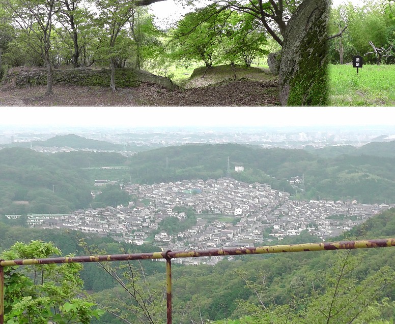 巨石が多く点在する史跡です（上左）館跡（上右）。下は豊田市の遠望風景です。