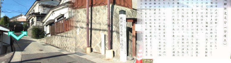 飛騨街道追分。ブルーの矢印参照。ここは野麦峠を越え、飛騨高山への道。 追分説明文