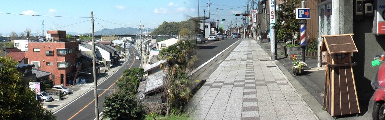 木製灯篭が多く見られる町並みと清見寺から見下ろす興津の旧東海道（静岡市清水区方面）。
