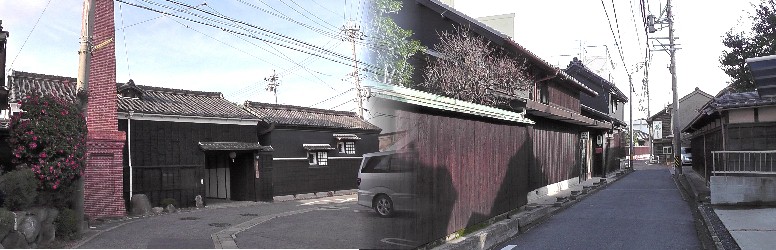 国登録有形文化財の造り酒屋「kk萬乗醸造」（左）。右は大高町並風景。 萬乗醸造