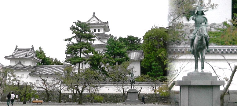 大垣城全景。大垣市4回目2017.10.18撮影。右は大垣藩の初代藩主・戸田氏鉄氏の馬上姿像。