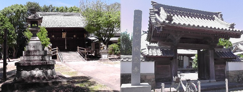 大平八幡宮（左）。多門氏城があったとされ、遺構、石碑など見当たらず、農作業の古老に尋ねましたが 縁盛寺の付近ではと言われ、そこにも見当たりませんでした。多門越中守重信、伝十郎重正父子が居城 しました。 右：縁盛寺。縁盛寺付近には柴田氏城址が