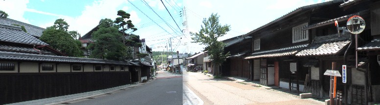 いち川旅館（左）と町並み。
