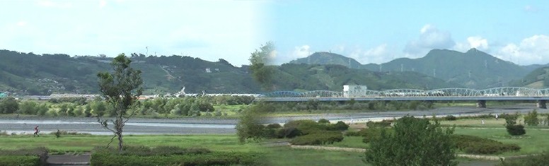 広重画検証:ほぼ同場所です。右:大井川川越遺跡前の堤防から上流方面を見る。左:対岸の金谷宿と 牧之原台地を望む、