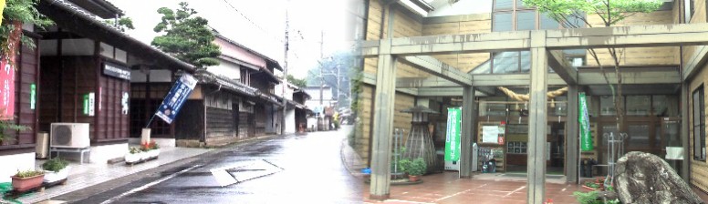 桝形道路付近の街道（左）と宿場の中心お休み処を兼ねる公民館（右）。 宿場の中心付近の街