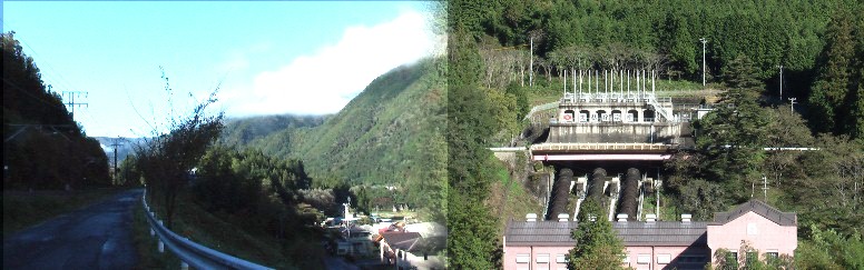 対岸の大桑発電所（右）と野尻宿へ行く坂道。