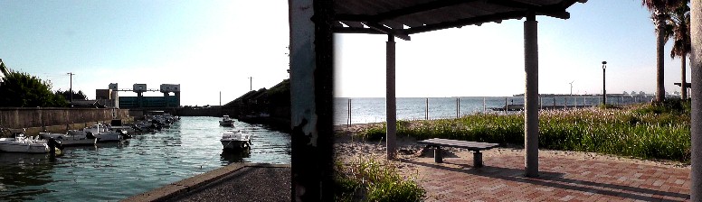 大野海岸海水浴場（右）。左は矢田川の水門を撮る。