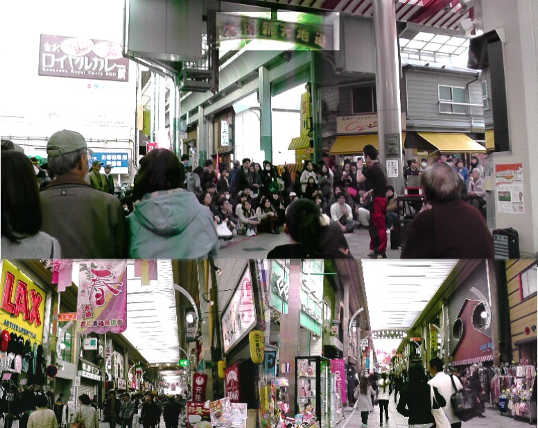 大須商店街の大道芸人のショー（上）。下は二つの商店街（2017.3.4撮影）。