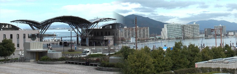 浜大津港の風景。ここの桟橋付近に大津城があったといわれる。