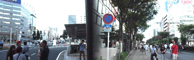 左：名城線栄駅、大津通り北、市役所～黒川方面。右：名城線栄駅、大津通り南、矢場町～金山方面を写す。 この日は大津通り歩行者天国が実施されていました（右）。