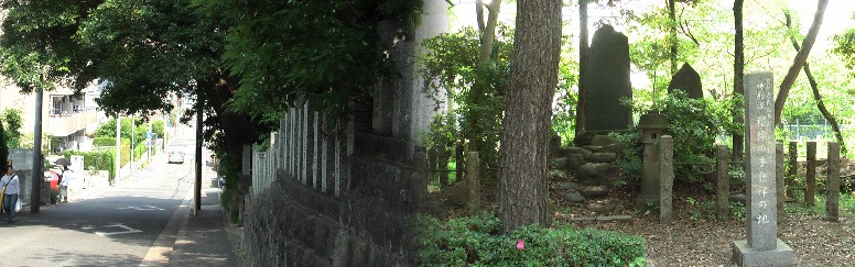 桜田八幡社裏通りは急坂（東・天白川野並方面）となっている。右は境内にある神影流桜棒の手 発祥の地記念碑。