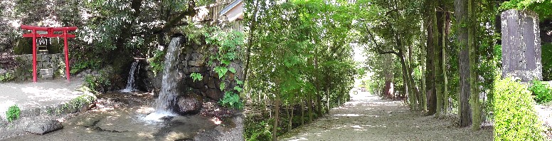 境内の水量豊富な小滝が２箇所（左）。荘厳な雰囲気の参道（中）。棒の手顕彰碑（右）。