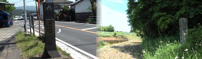 笹原新田の道標と一里塚前を箱根峠へ行く石畳道右（下記の写真参照）。