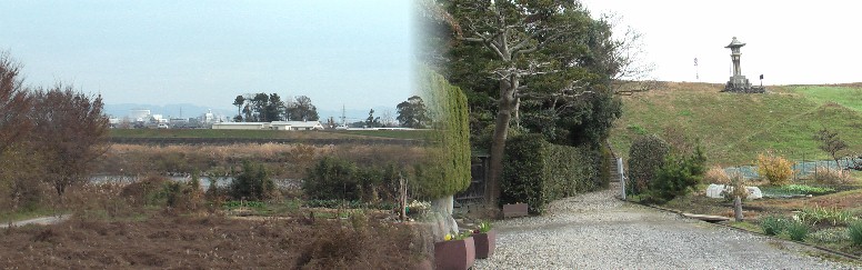 対岸の西結びの渡船場付近を望む（左写真）。美濃路：大垣東町から佐渡常夜灯を写す。