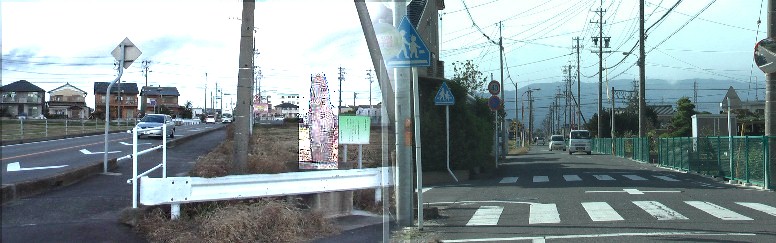 右は佐屋街道が養老山脈方向にほぼ直線に伸びているが本来の街道とはやや異なる ようです。左はこの街道が巡見街道に突き当たり左折し約１００メートル東側に建 っている佐屋海道址付近。かってこの付近には松並木もあったという