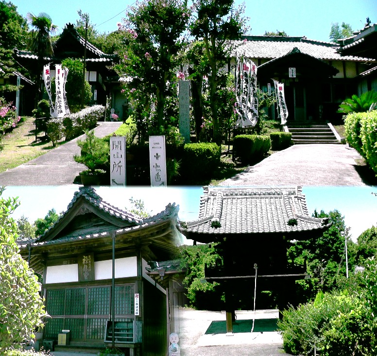 誓海寺。上右：知多新四国霊場第二十七番札所。上左：弘法大師開山所（禅林堂・三開山の一つ）。 下左は弘法大師堂 下右は山門。 誓海寺/津島神社