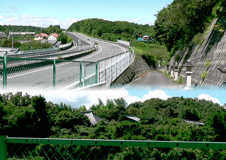 津島神社参道から眺める南知多道路（上）。下は津島神社から誓海寺を撮る（屋根のみ）。