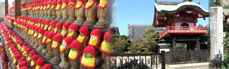 神社風の山門と数多くのお地蔵様が鎮座する（左）成蓮院。