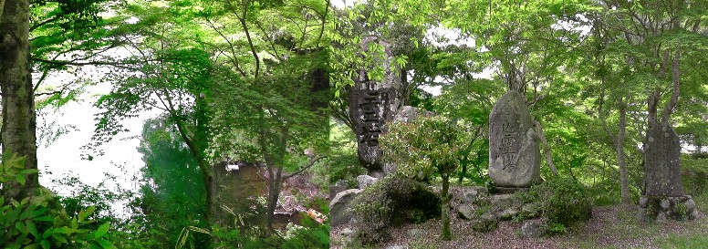 村内旅行中に見つけた寺平付近の石碑群（右）。左は石碑群の背後の大入川の淵（よどみ）を 撮ったつもり。碑文は解読困難です。