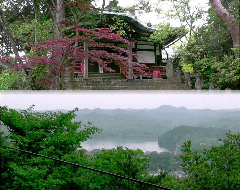 山頂の泉浄院本堂前(上)から入鹿池を見下ろす絶景(下)。山頂は、小牧山合戦の時、豊臣勢の陣地で あったとされ、陣が峰と呼ばれる。