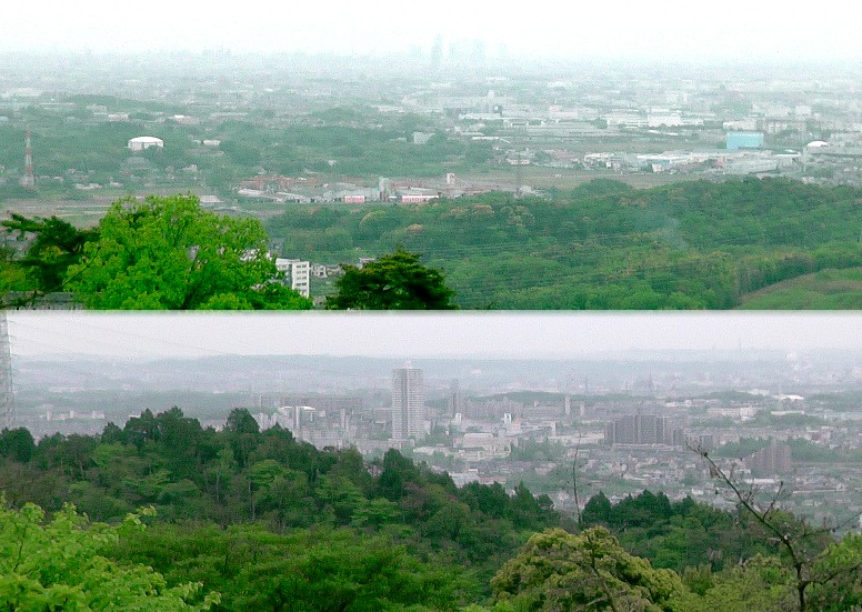 泉浄院本堂前から名古屋市方面(上)、曇天ですが名古屋駅前の高層ビル群がうっすら見えます(中央部)。 眼下の桃花台方面(下)を撮る。
