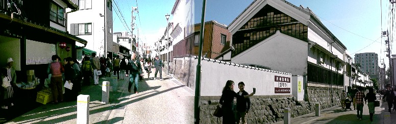 四間道（しけみち）のカフエで撮った案内です１。 四間道（しけみち）秋祭り最大のイベント・太閤連による阿波おどり。 四間道（しけみち、左）。右は浅間神社。 四間道（しけみち）の賑わい。 祭り本部（右）。左は四間道の佇まい。