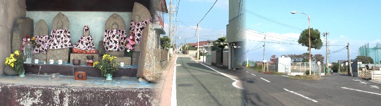 左から順に弘法堂、と付近の街道。右は春日井商高付近の分岐で右の細い道へ進む。 春日井商高付近の分岐