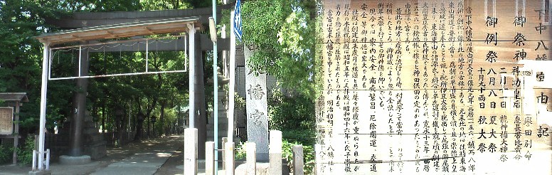 石神社の南西にある押木田公園,その一角にある下中八幡宮。由緒記には「元来この地は 往時東海、東山両道の要衝にあたり・・・・・」記されている。 下中八幡宮。由緒記拡大 下中八幡宮